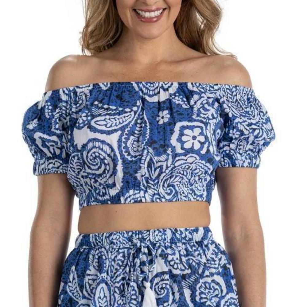 Dotti Women's Cotton Off-The-Shoulder Cover-Up Cropped Top White/blue XS